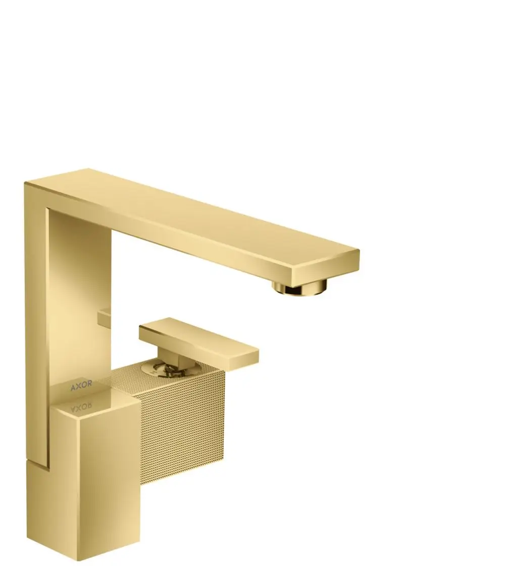 Einhebel-Waschtischmischer in Goldoptik von AXOR mit flachem Hebel und Push-Open Ablaufgarnitur. Geometrisches Design mit quadratischer Form.